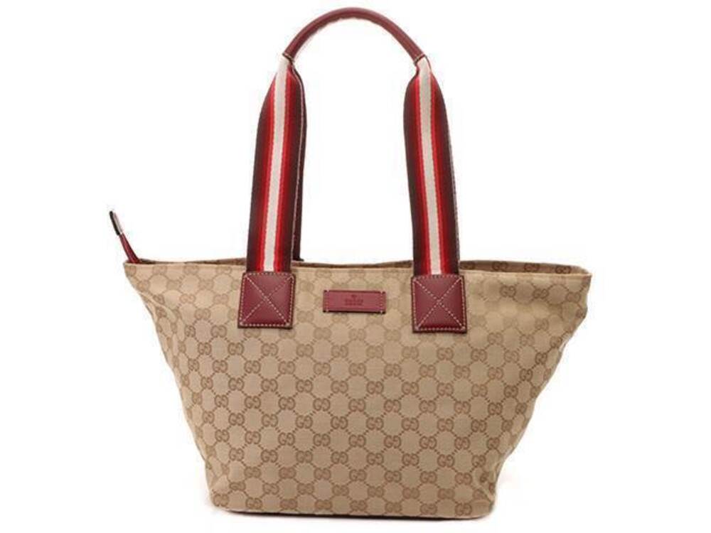 Gucci GG Tote Bag Beige Cream Red Canvas Calfskin